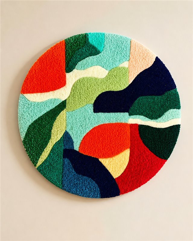 Ancrage, composition circulaire colorée en laine tuftée.